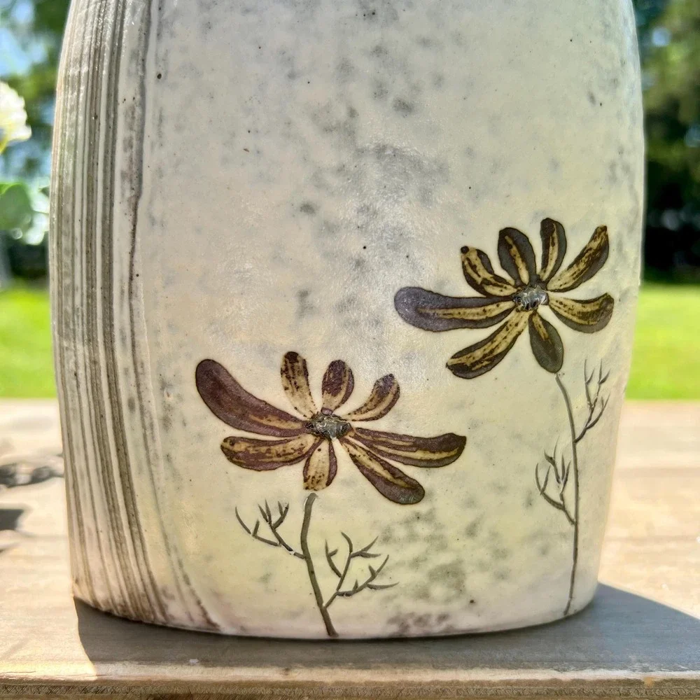 Vintage Ceramic Oriental Floral White and Gray Vase | Stamped